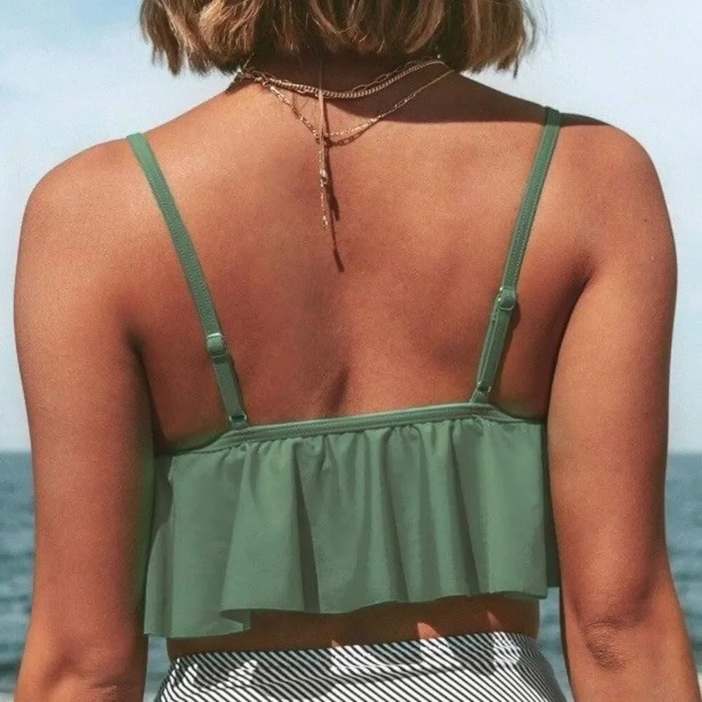 Cupshe Flounce Bikini Top Olive Green Womens Size Large Ruffle Padded Adjustable